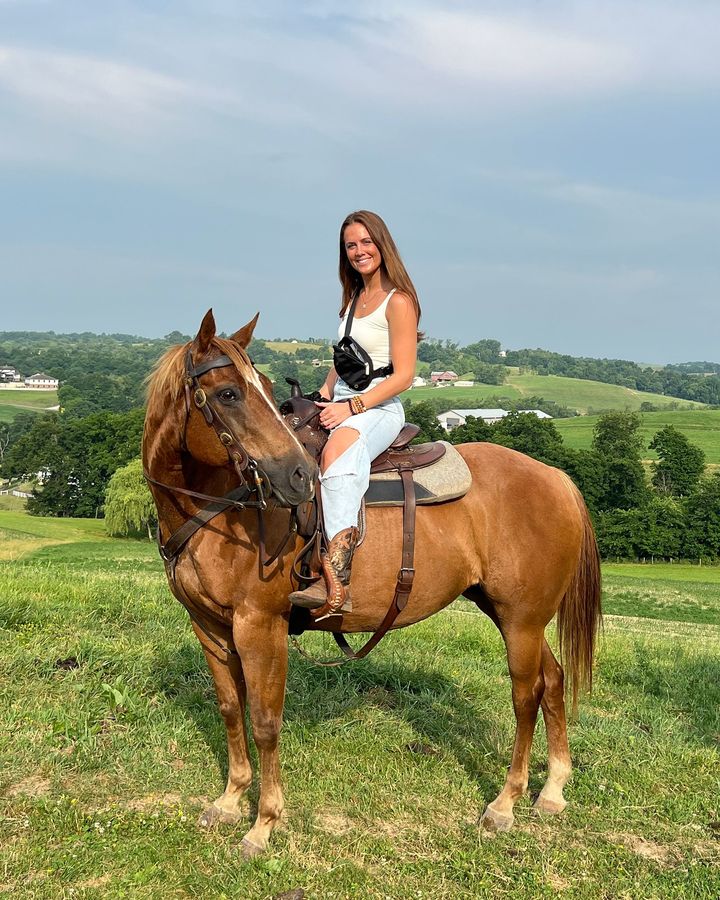 A creator on horseback above rolling green farmland