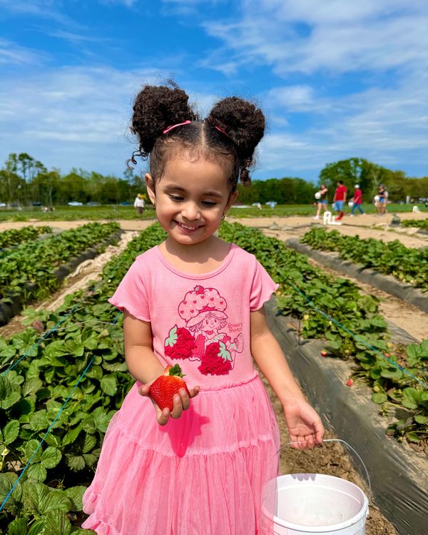 A smiling girl in a pink dress holding up a strawberry in a strawberry field