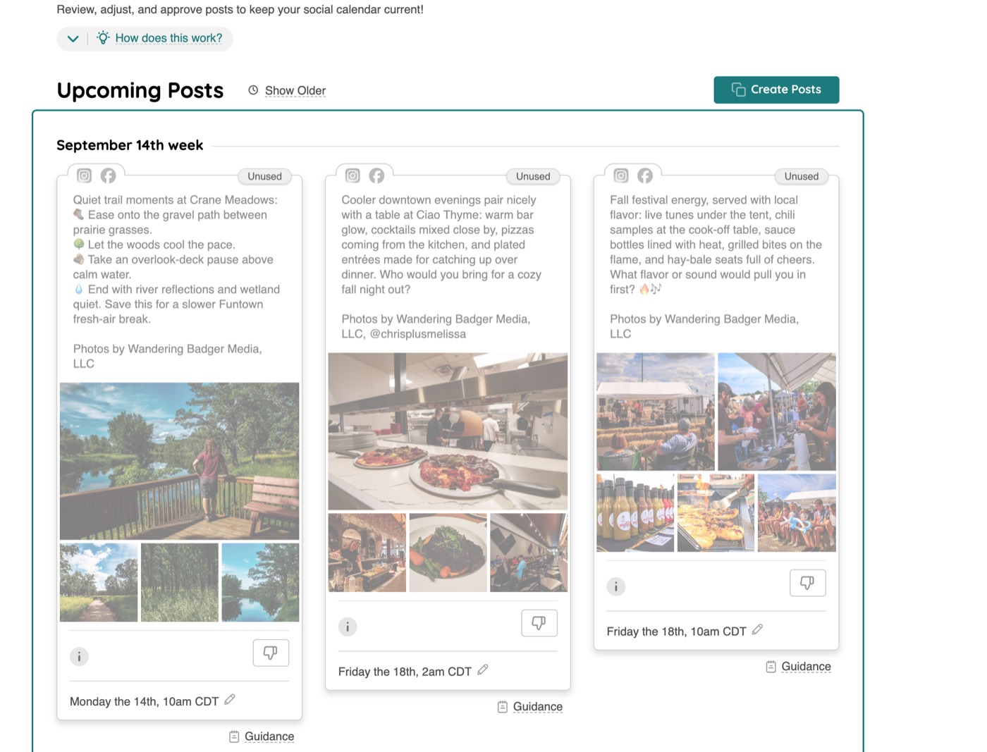 The Atlas Social Upcoming Posts calendar, with the Create Posts button above a week of draft posts.