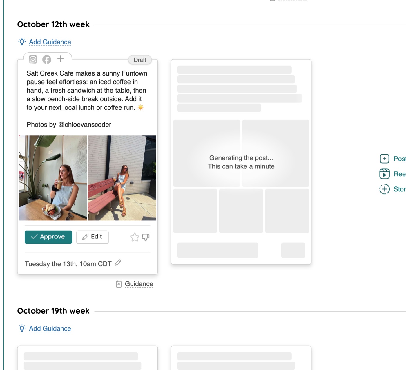 The Upcoming Posts calendar with a finished draft about Salt Creek Cafe in the October 12th week and a placeholder beside it reading Generating the post, this can take a minute.