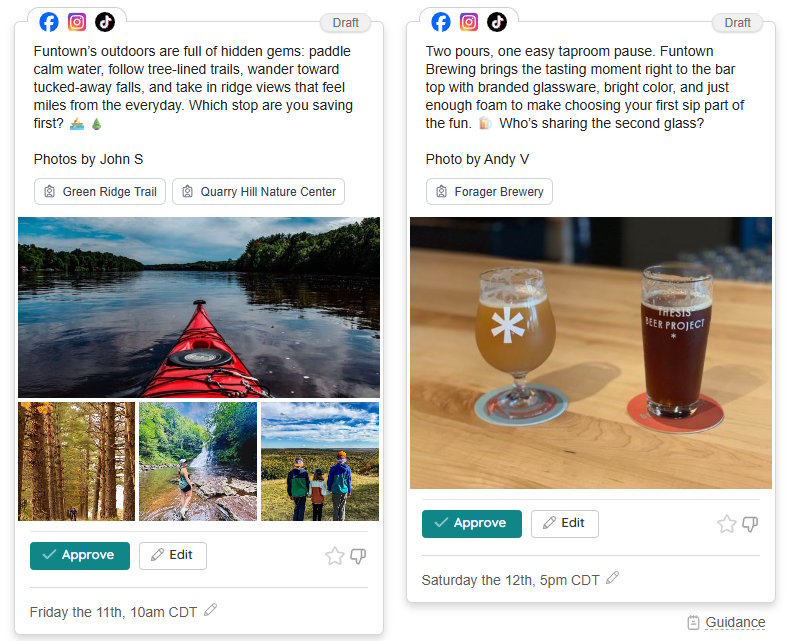 Atlas Social draft posts for a kayaking trip and a local brewery, with captions, featured locations, photos, and approval controls.