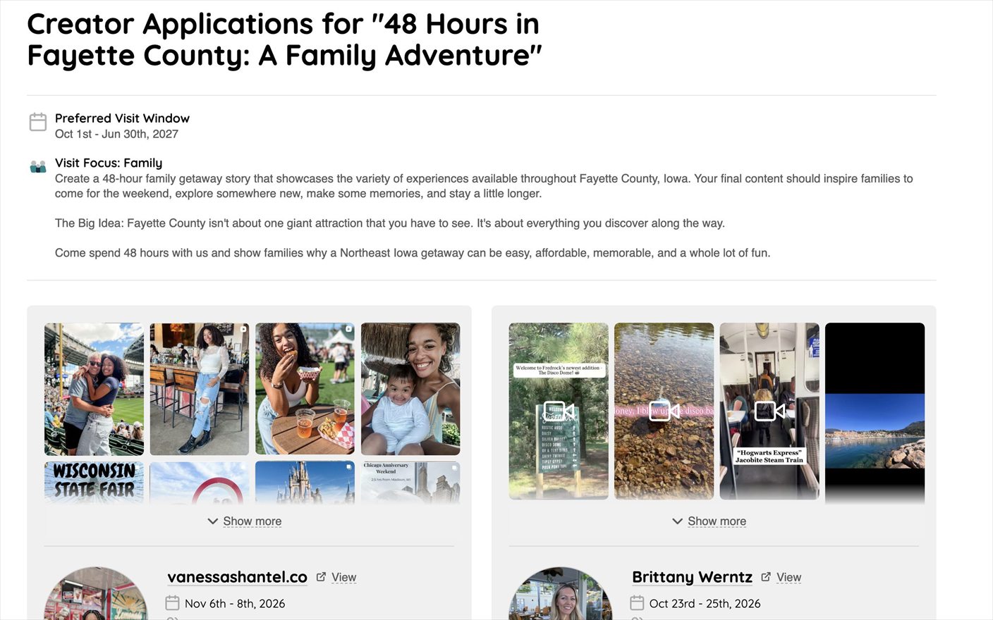 The shareable applicant list showing creators who applied to a visit, with their profiles and sample work