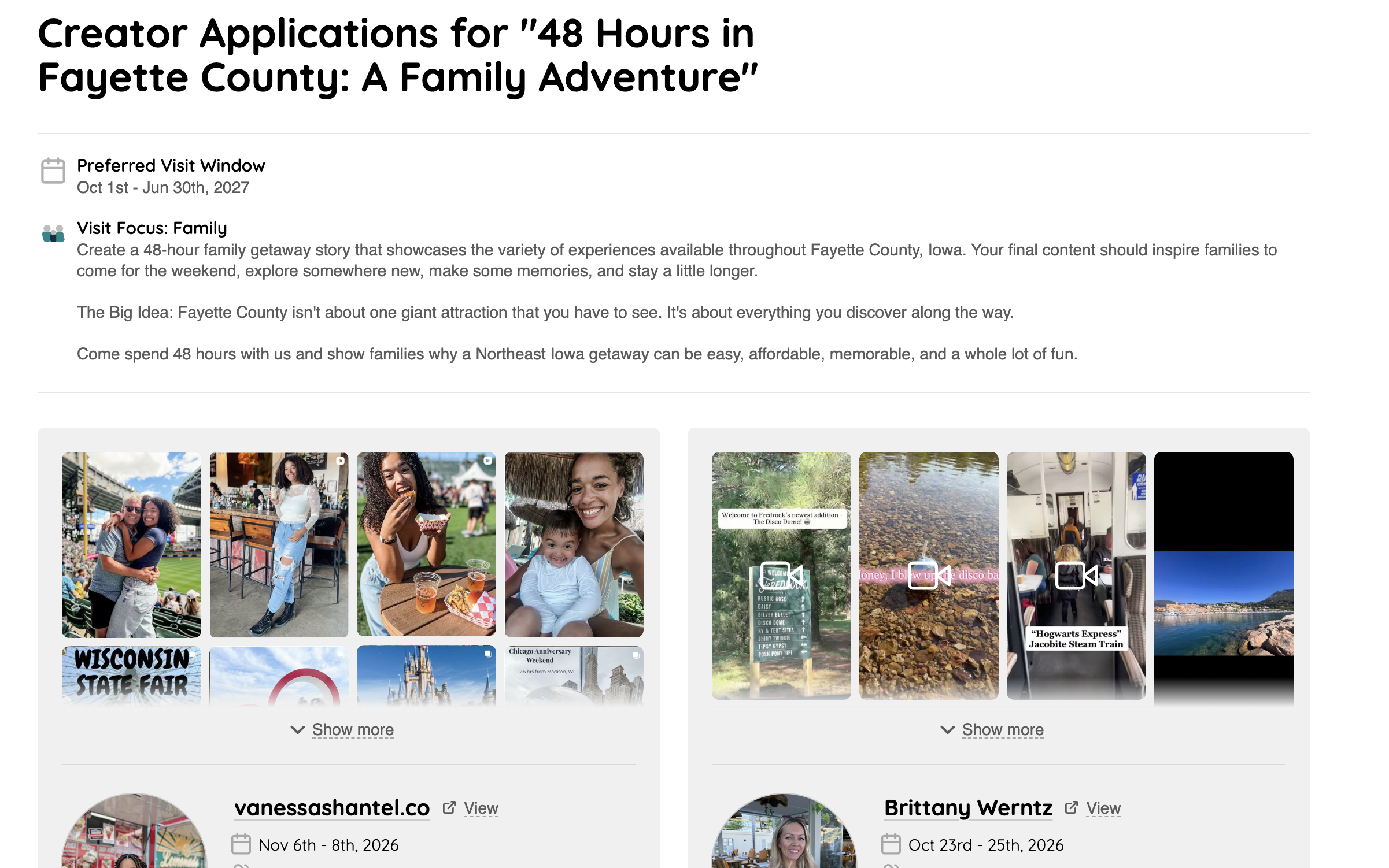 The shareable applicant list showing creators who applied to a visit, with their profiles and sample work