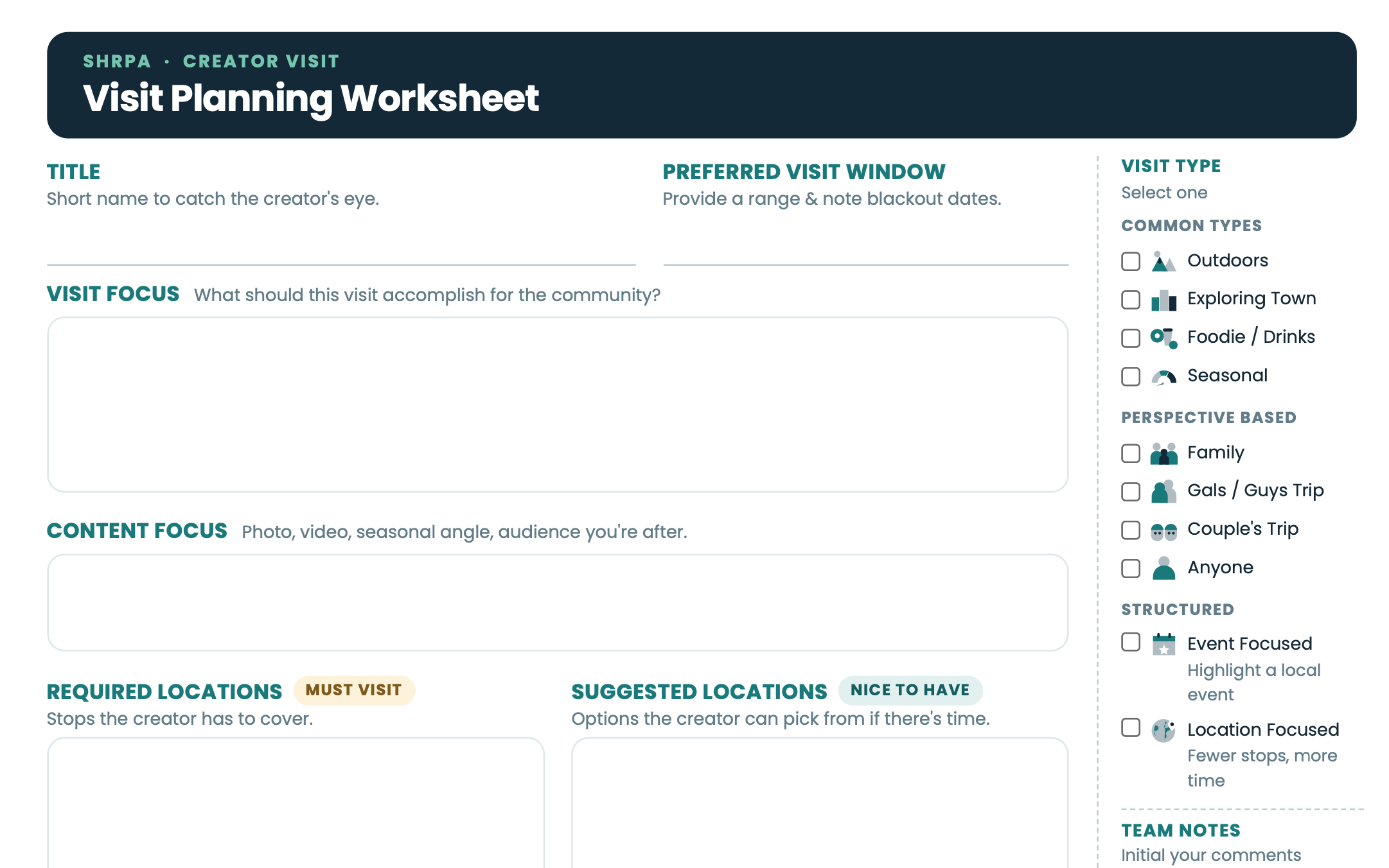 The Shrpa Visit Planning Worksheet, a printable page with fields for the visit title, preferred window, visit focus, content focus, required and suggested locations, visit type, and team notes